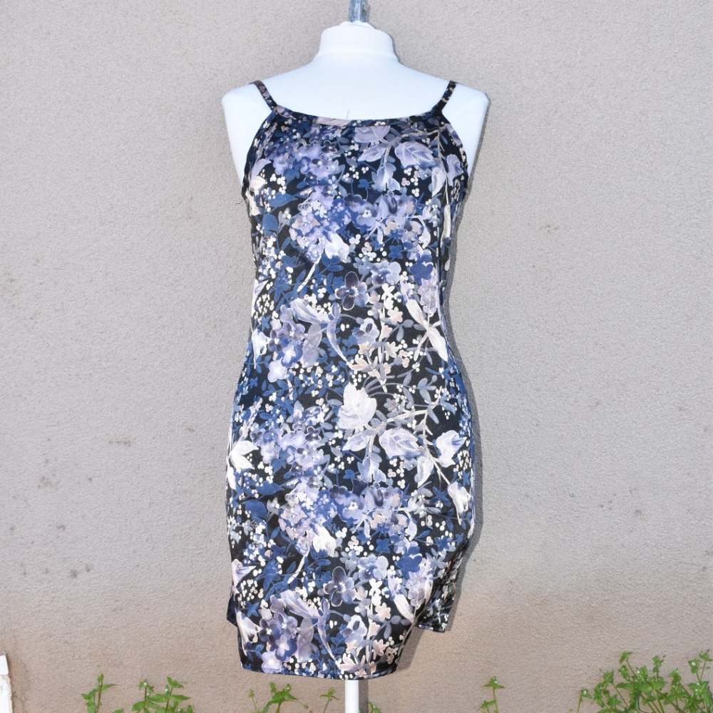 Vintage Black Floral Satin Slip Dress